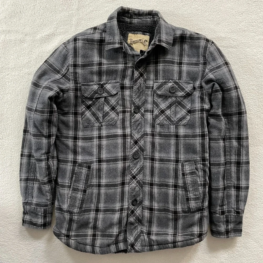 Roebuck & Co‎ Mens Shirt Jacket S Grey Plaid Sherpa Lined Flannel 4894263091662